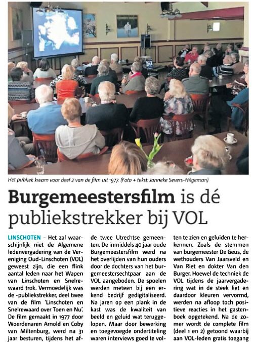 Jaarvergadering VOL aansluitend vertoning afscheidsfilm burgemeester De Geus